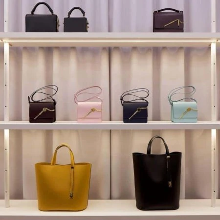 Shelves with handbags on shelves