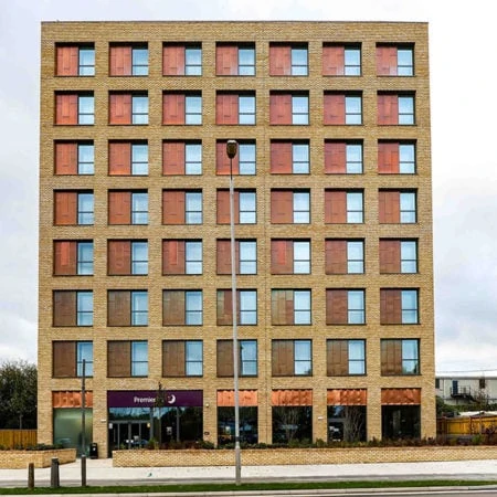 Exterior shot of concrete hotel