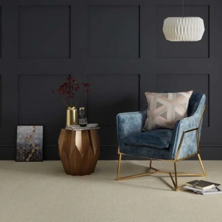 Dark panelled wall with blue chair on a cream carpet