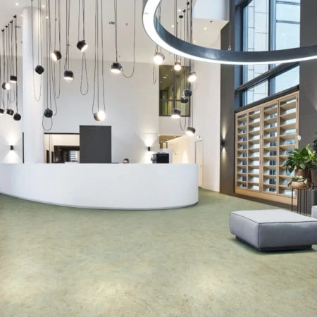 Stylish foyer with pale green vinyl flooring