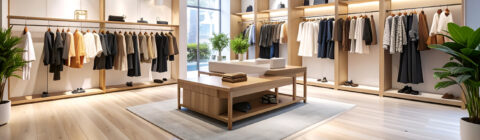 Modern clothing boutique interior with wooden flooring, wall-mounted rails and central display tables