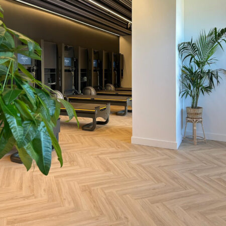 Reformer studio view with herringbone LVT flooring and planting to the foreground