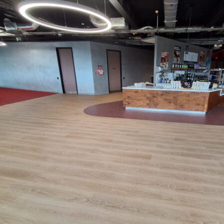 Virgin Atlantic HQ floor refit showing wood-effect flooring