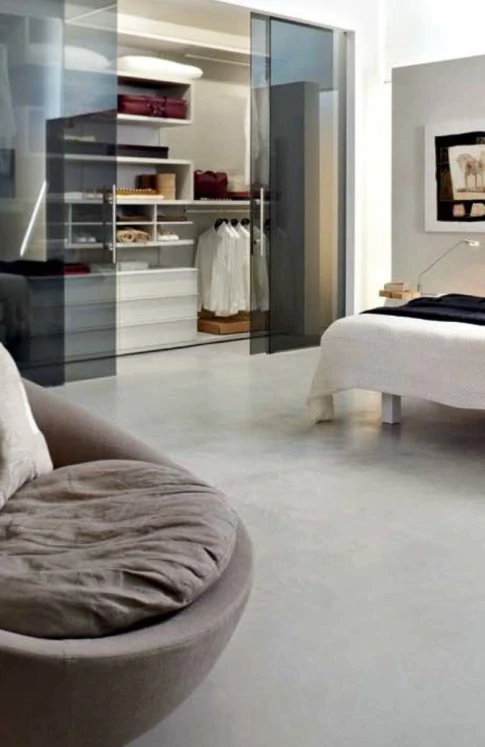 Bedroom with polished concrete floor