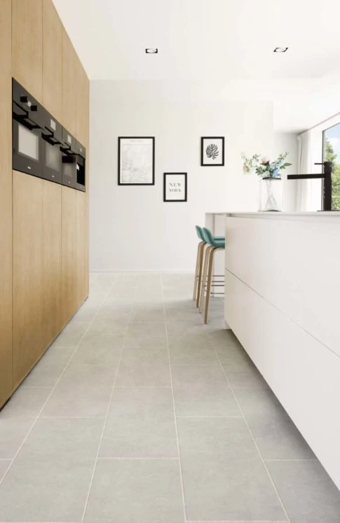 Modern kitchen with beige vinyl flooring