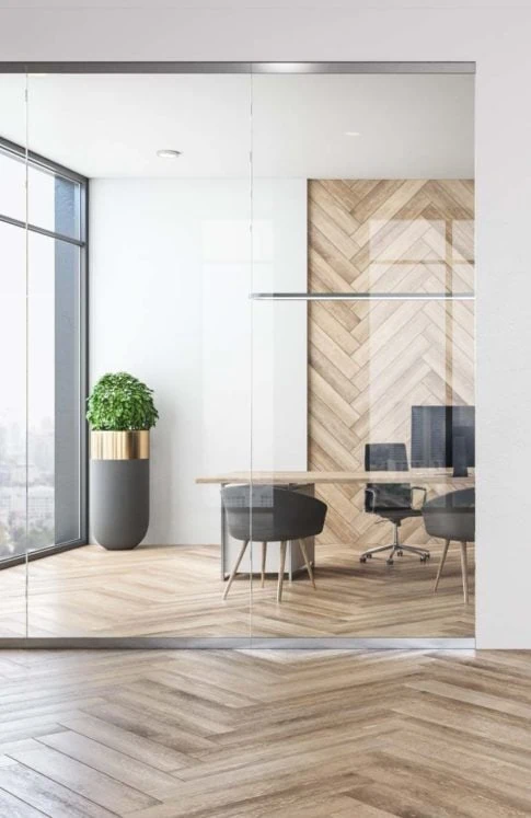 Office with wooden floor
